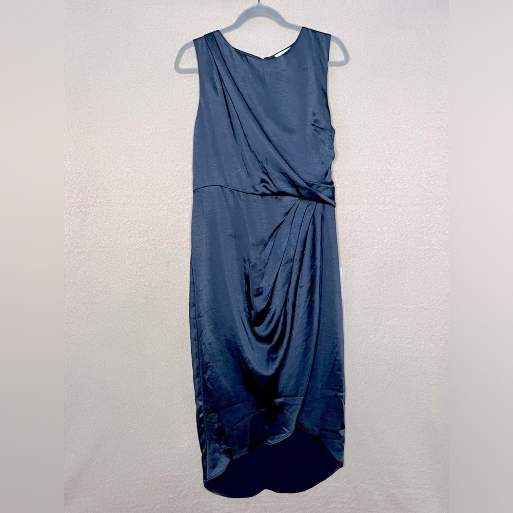 Lush Satin Faux Wrap Sleeveless Tank Midi Dress Women’s L Navy Blue Formal Party